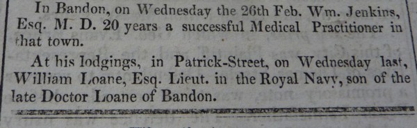 Death notice of William Jenkins and William Loane Esquires in 1823
